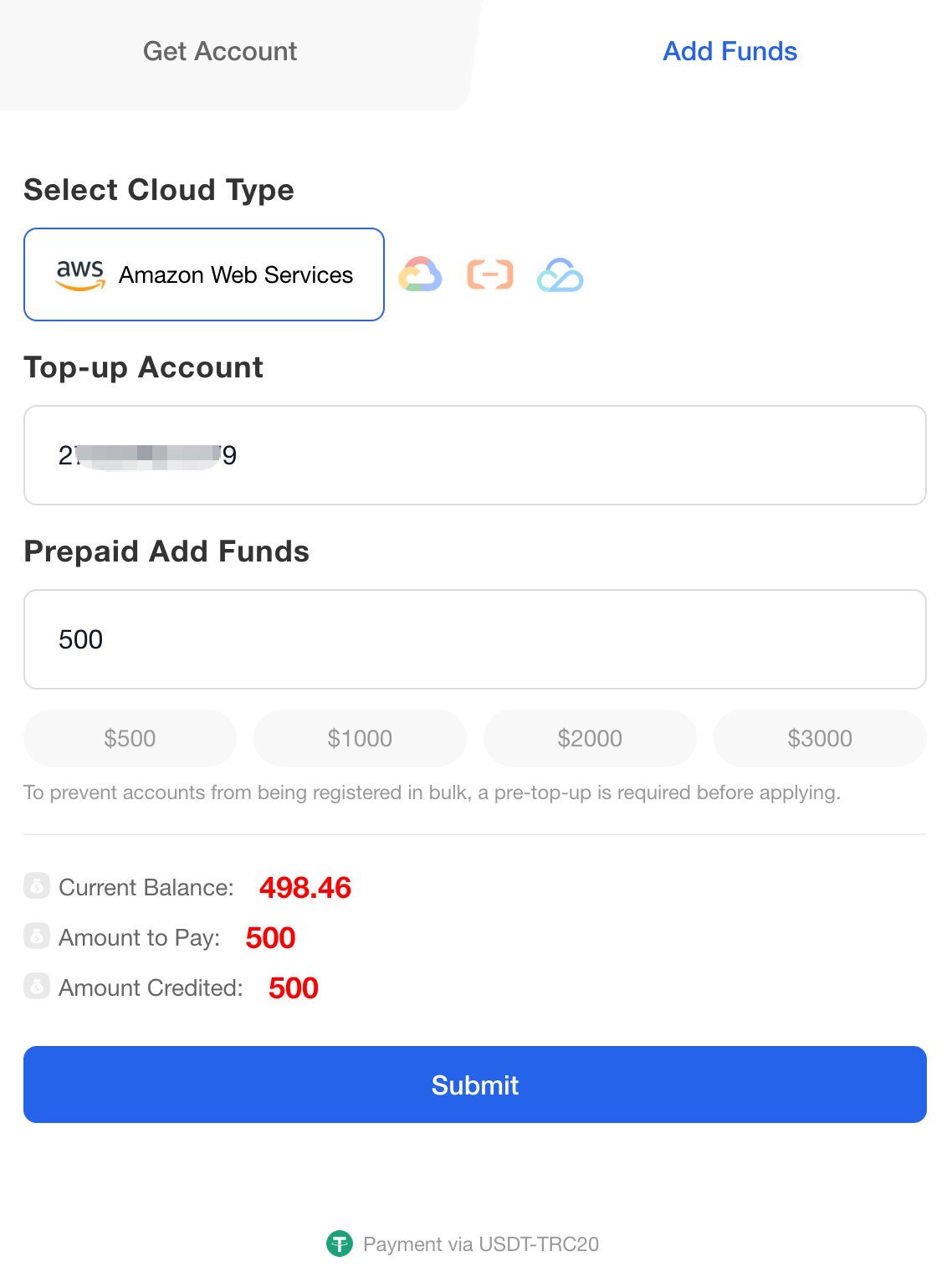 Dashboard showing current balance and top-up options
