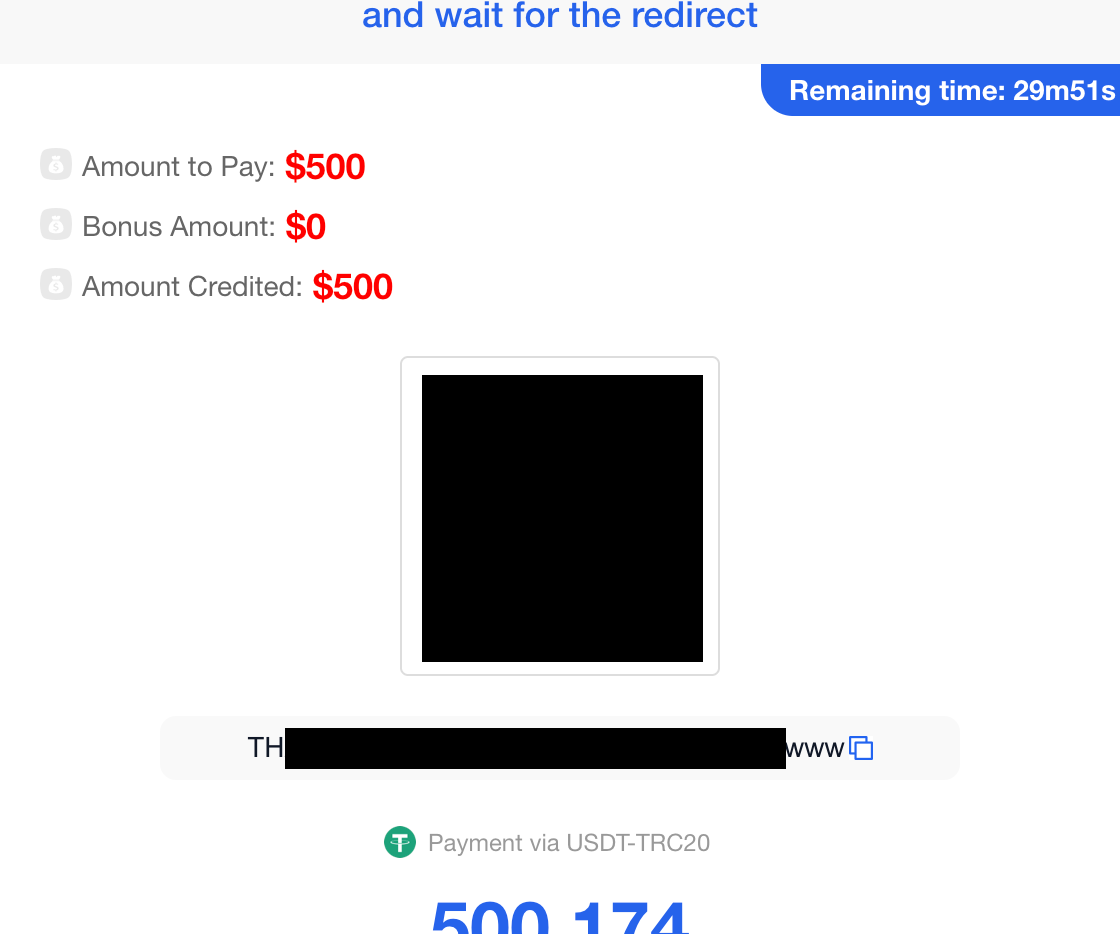 USDT TRC20 payment page with QR code and wallet address